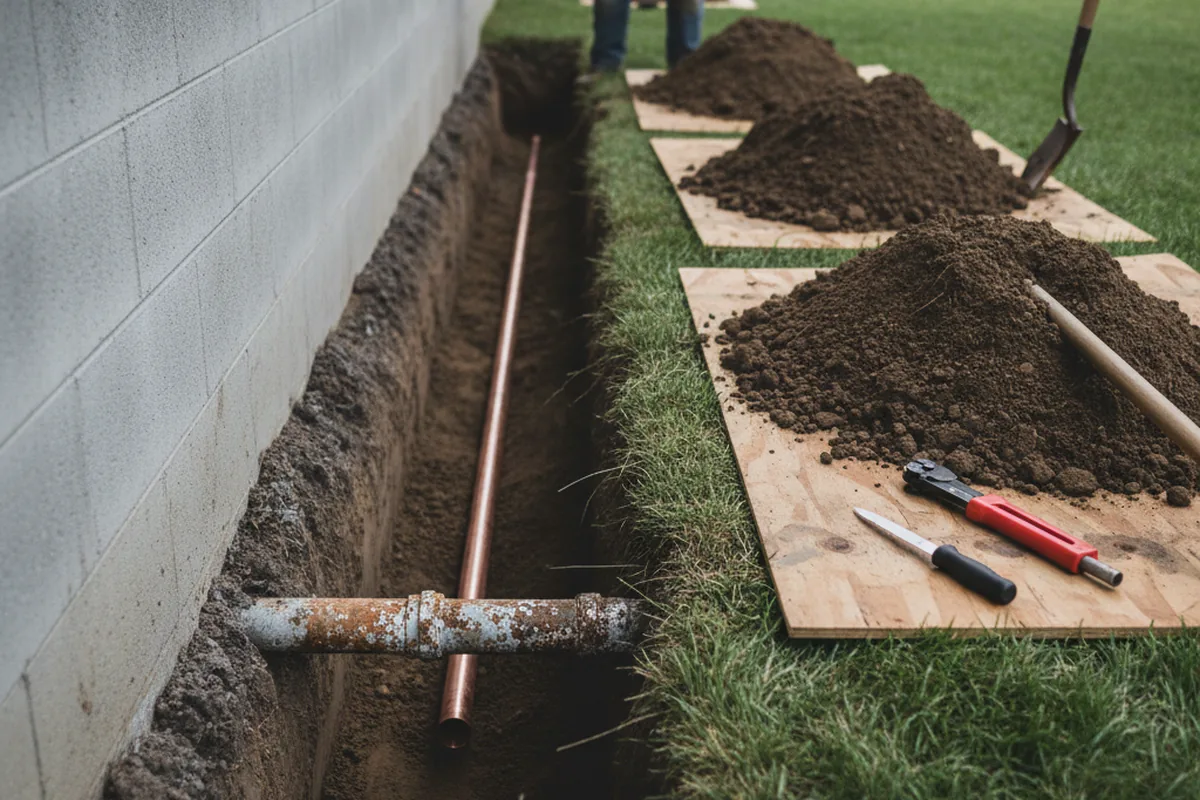 Excavated water line trench during Sewer Line Repair in Mount Wolf
